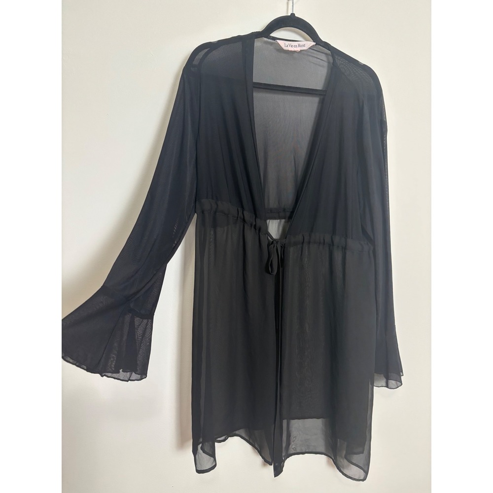 La Vie en Rose Sheer Mesh Whimsigoth Tie Front Top OS Bell Sleeve Layering